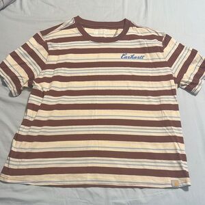 Carhartt Women’s Brown, Cream & Light Blue Striped Short Sleeve Tee